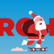 Weihnachtsmann auf Skateboard vor Frohe-Text, blauem Himmel.