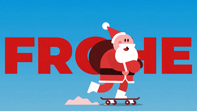 Weihnachtsmann auf Skateboard vor Frohe-Text, blauem Himmel.