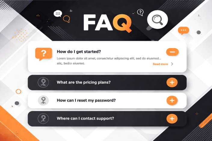 FAQ-Bereich mit Fragen zu Einstieg, Preisen, Passwortzurücksetzung und Support.