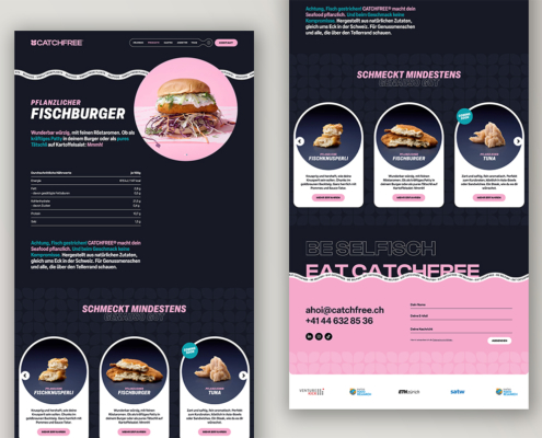 Webdesign für pflanzlichen Fischburger von CatchFree mit Produktfotos und Kontaktdaten.