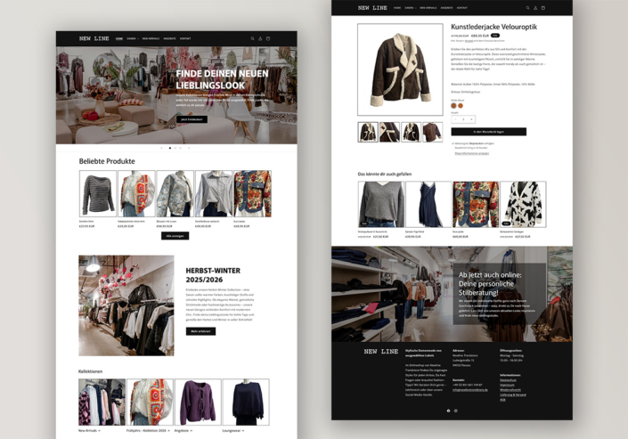 Mode-Website mit Kategorien, Produktvorschlägen und Kunstlederjacke in Velouroptik.