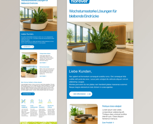 Moderne Webseite für florever mit Pflanzen und elegantem Design in lichtdurchflutetem Raum.