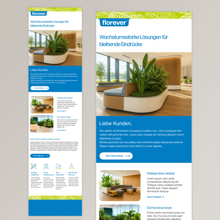 Moderne Webseite für florever mit Pflanzen und elegantem Design in lichtdurchflutetem Raum.