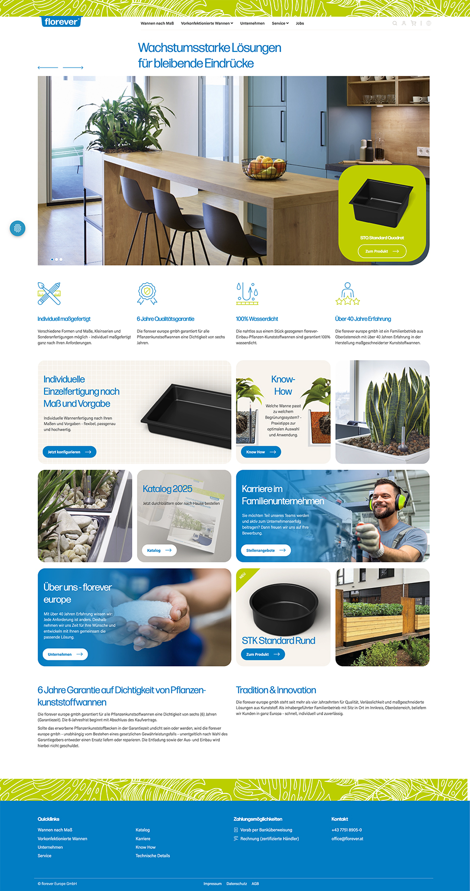Website für maßgefertigte Pflanzenwannen und individuelle Lösungen von Florever Europe.