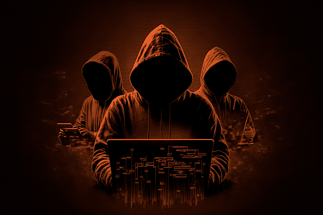 Drei vermummte Personen vor Laptops symbolisieren Cyberkriminalität und digitale Bedrohungen.