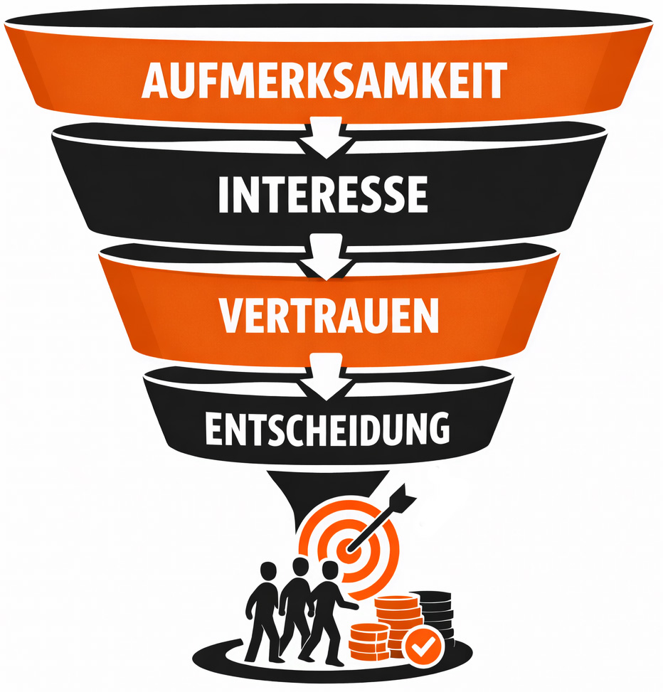 Visualisierung des Verkaufstrichters: Aufmerksamkeit, Interesse, Vertrauen, Entscheidung.