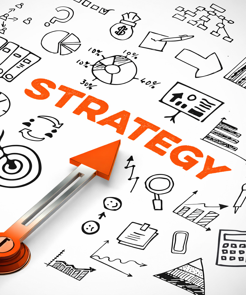 Alt-Text: Graphische Darstellung von Strategien mit Diagrammen, Pfeilen und dem Wort STRATEGIE.
