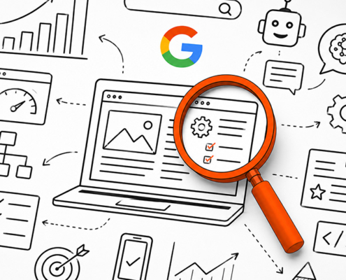 Diagramm zur SEO-Analyse mit Laptop, Lupe und Google-Logo.