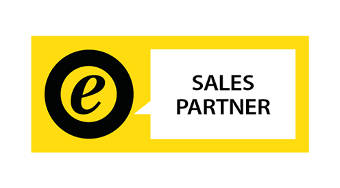 Alt-Text: Logo eines Unternehmens mit dem Schriftzug Sales Partner auf gelbem Hintergrund.