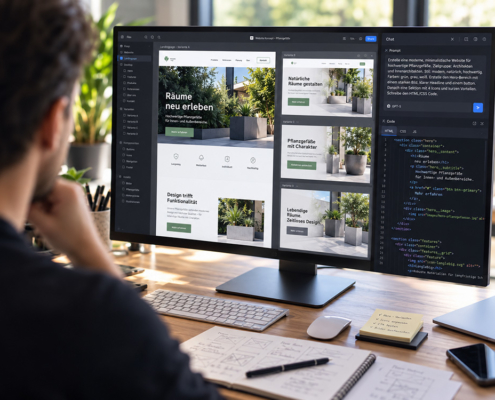 Mann arbeitet an Website-Design für Pflanzgefäße auf großem Monitor.